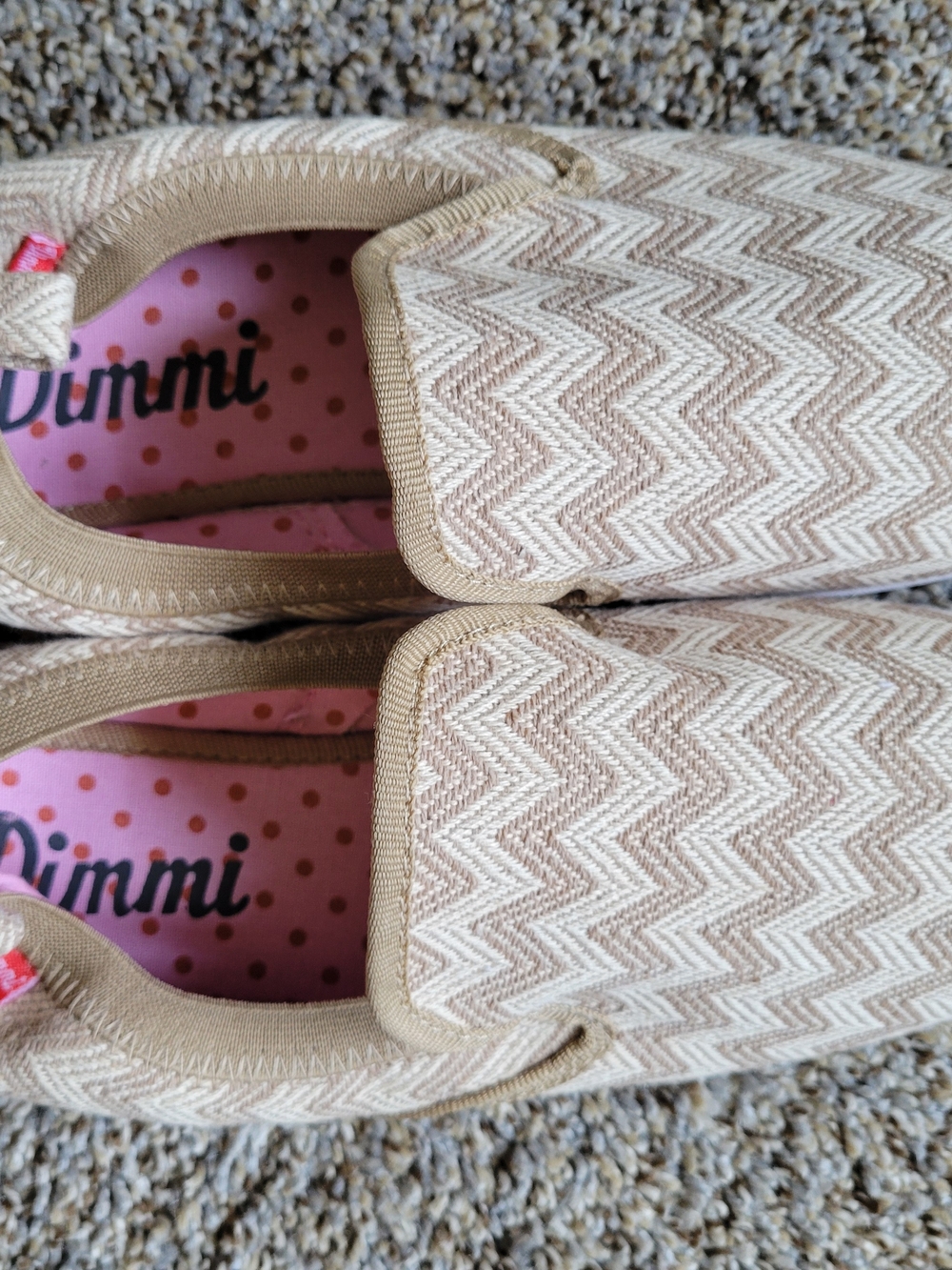 Dimmi Tan Chevron Slip-On Flats with Pink Polka Dot Insole